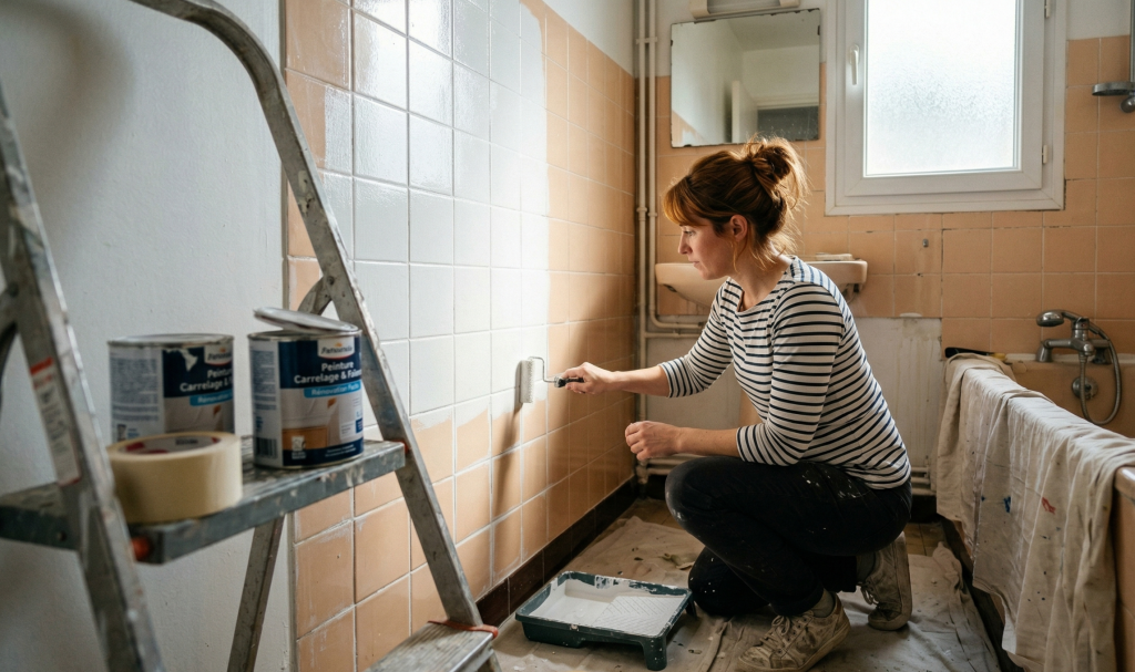 Femme rénovant une salle de bains en peignant les carreaux