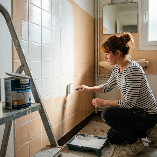Femme rénovant une salle de bains en peignant les carreaux