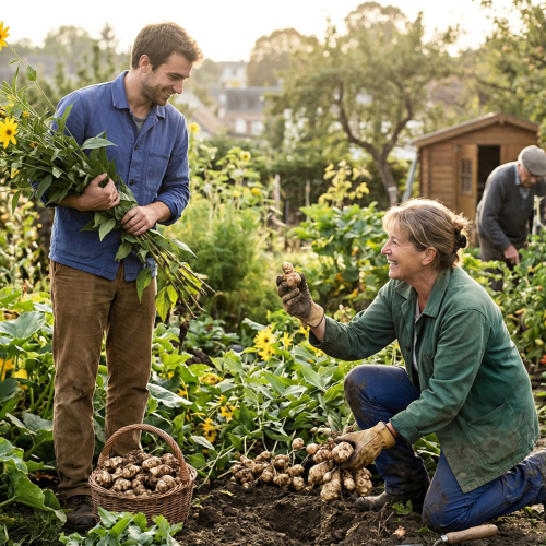 Récolte de topinambours dans un jardin potager bio