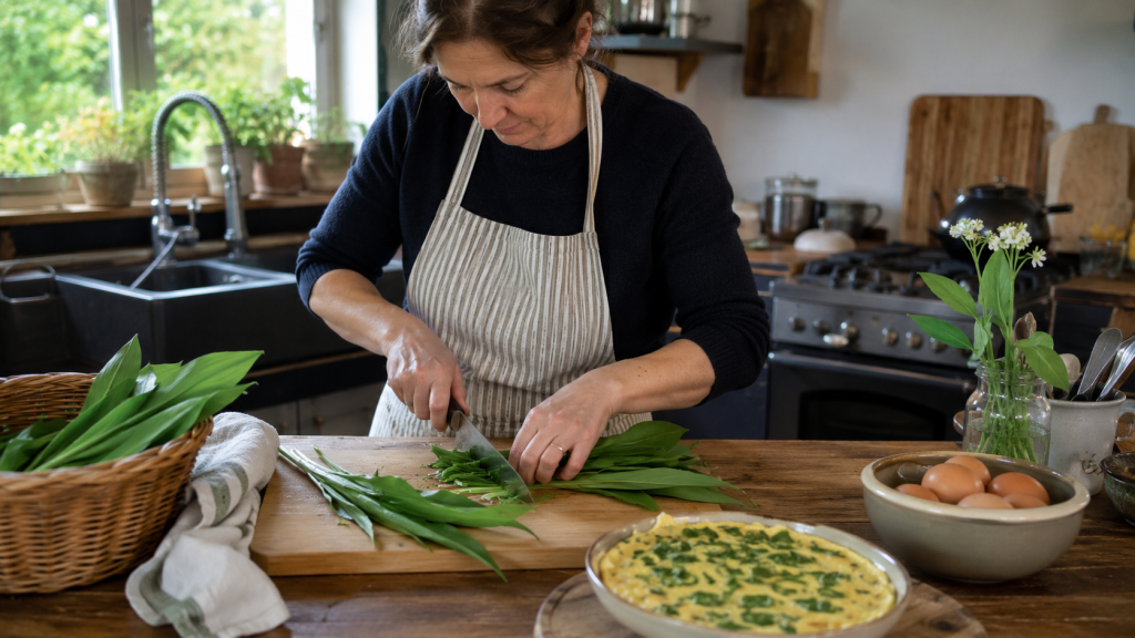 Pr&eacute;paration culinaire de poireaux sauvages en cuisine rustique