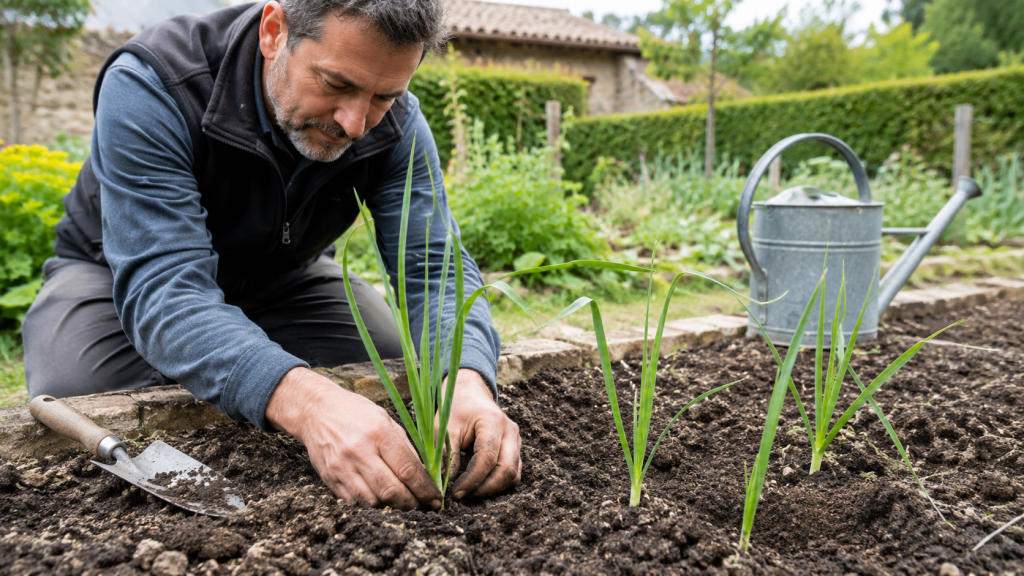 Homme cultivant des poireaux sauvages dans un jardin