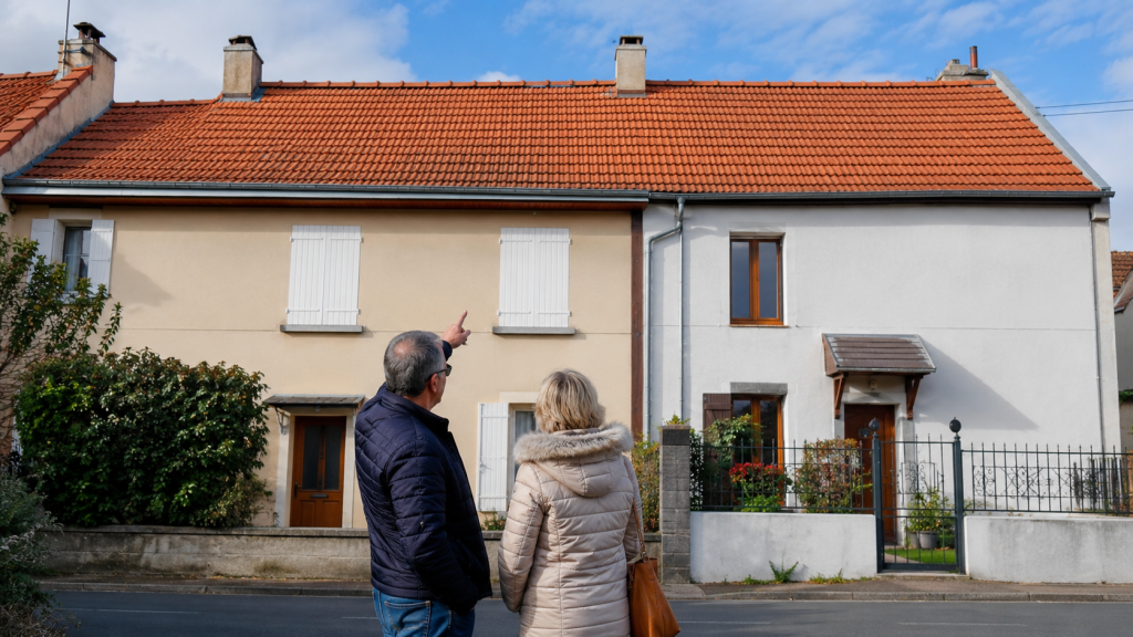 Couple observant le toit rouge d'une maison mitoyenne