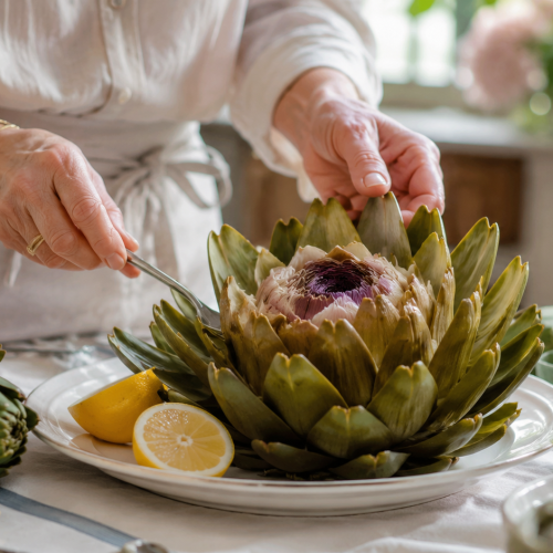 Préparation détaillée d'une fleur d'artichaut en cuisine