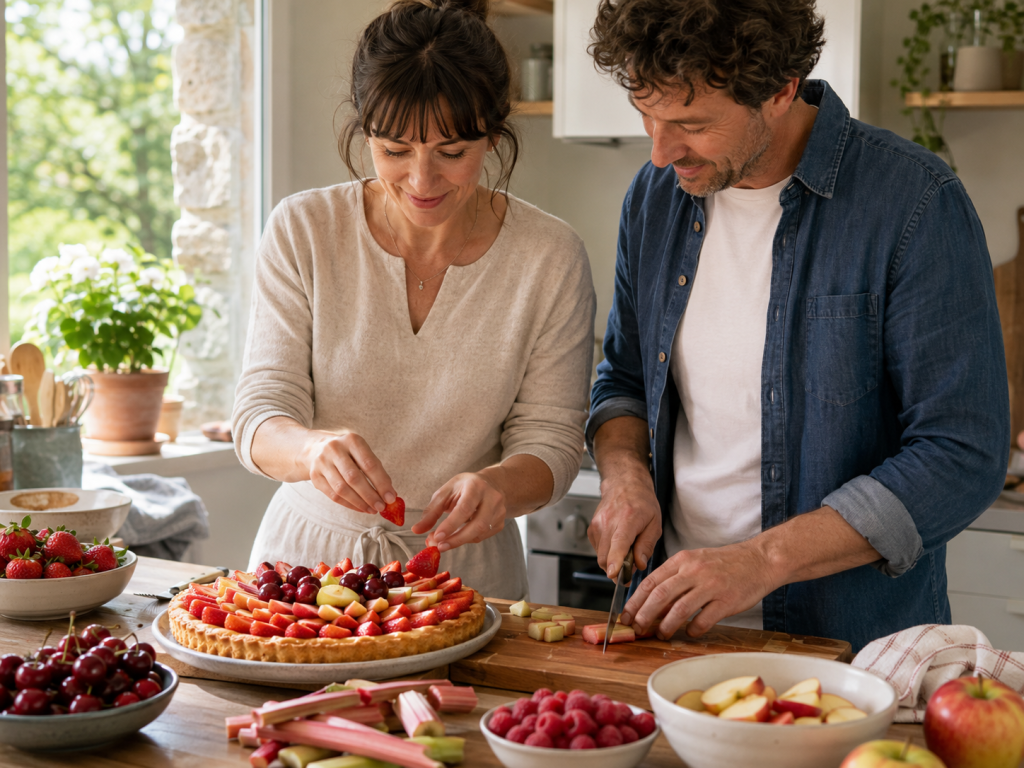 Préparation d'une tarte aux fruits de saison en mai.