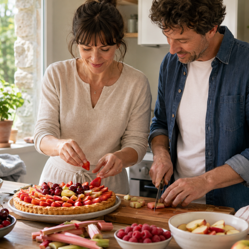 Préparation d'une tarte aux fruits de saison en mai.