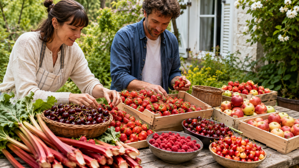 Sélection de fruits de saison en mai : fraises, cerises, pommes et rhubarbe.