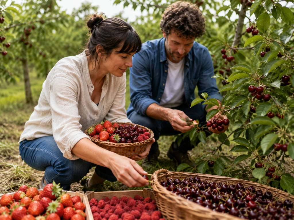 Récolte de fraises, framboises et cerises en mai
