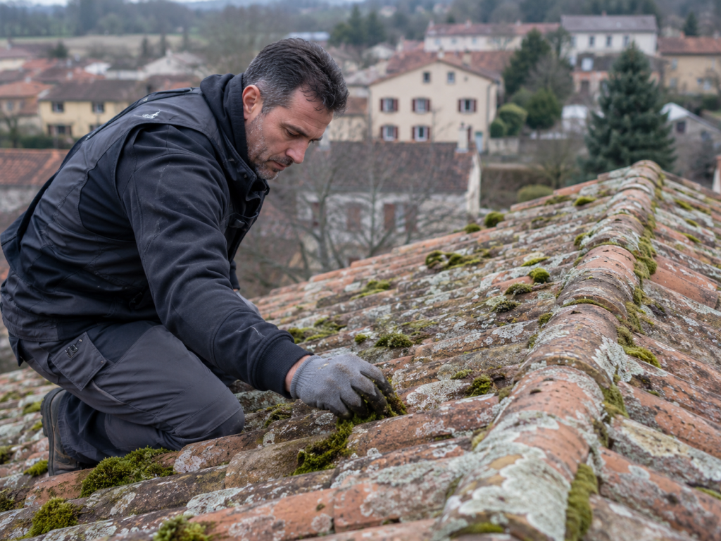 Professionnel effectuant le d&eacute;moussage d'une toiture