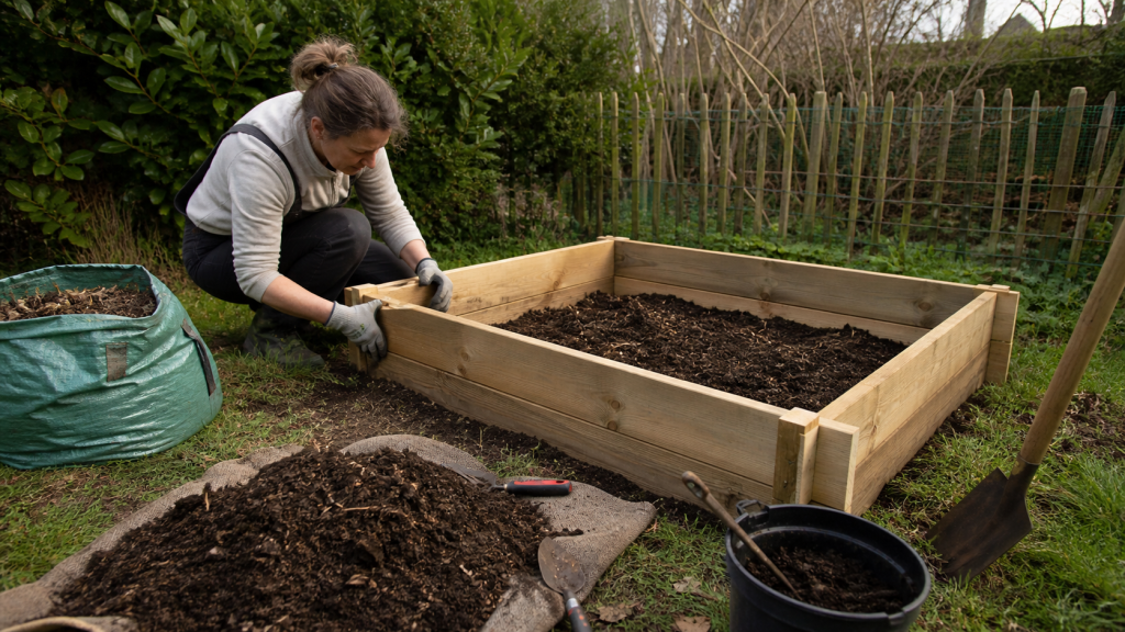 Installation de potager en carr&eacute; dans un jardin