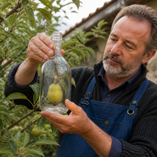Homme montrant une poire dans une bouteille sur un arbre