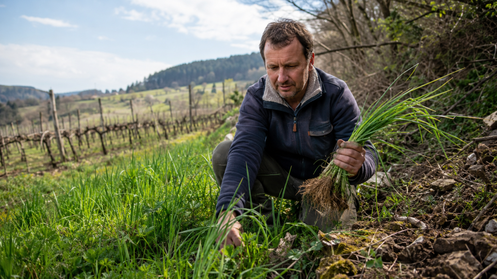 Homme cueillant des poireaux sauvages dans un champ verdoyant