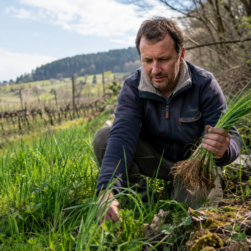 Homme cueillant des poireaux sauvages dans un champ verdoyant