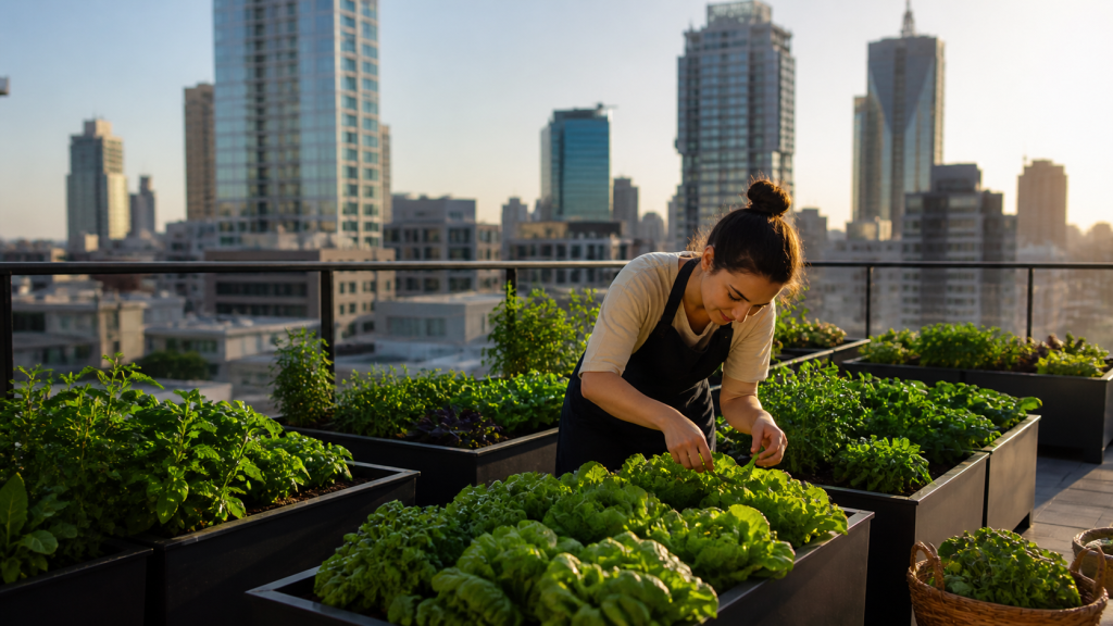 Femme cultivant un potager en carr&eacute; sur un toit en ville