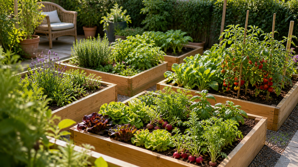Potager en carré luxuriant et organisé avec divers légumes