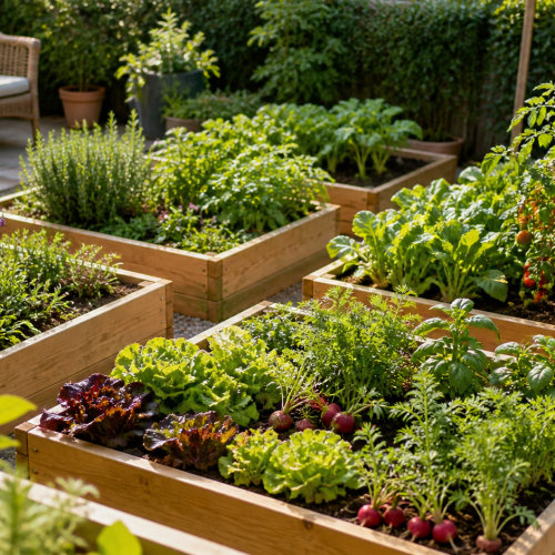 Potager en carré luxuriant et organisé avec divers légumes