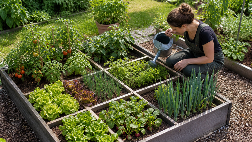 Potager en carr&eacute; avec divers l&eacute;gumes dans un jardin