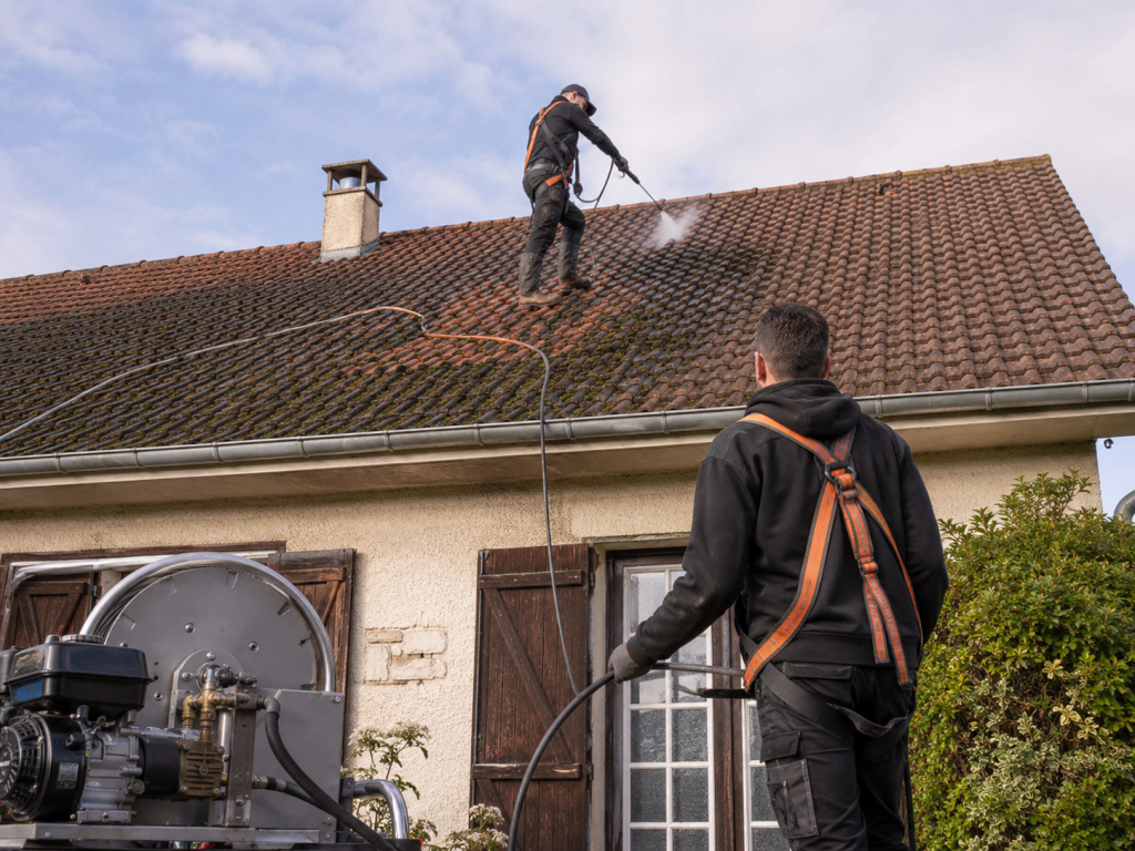 Professionnels effectuant le d&eacute;moussage d'une toiture avec &eacute;quipement moderne