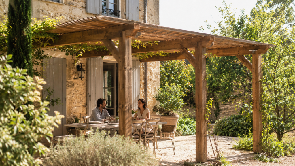 Pergola en bois offrant un espace ombragé convivial