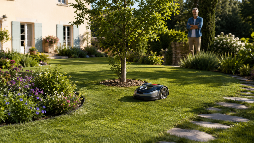 Robot tondeuse sans fil dans un jardin ensoleillé