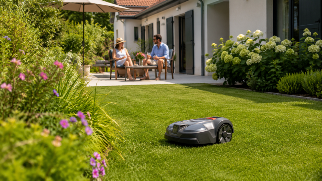 Robot tondeuse autonome dans un jardin bien entretenu