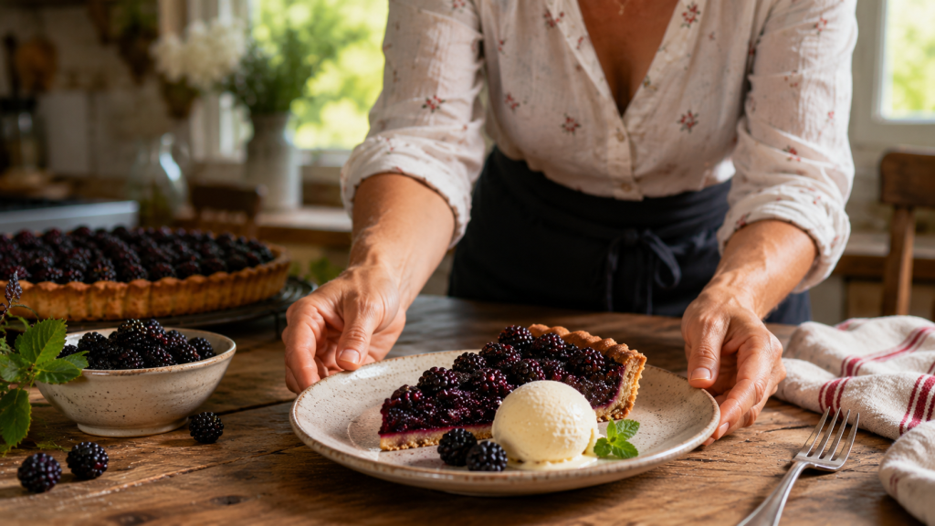 Tranche de tarte aux mûres servie avec glace vanille