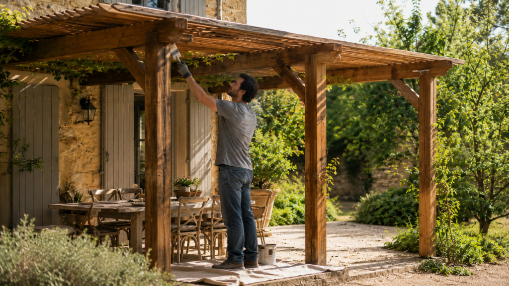 Homme entretenant une pergola en bois dans un jardin ensoleillé