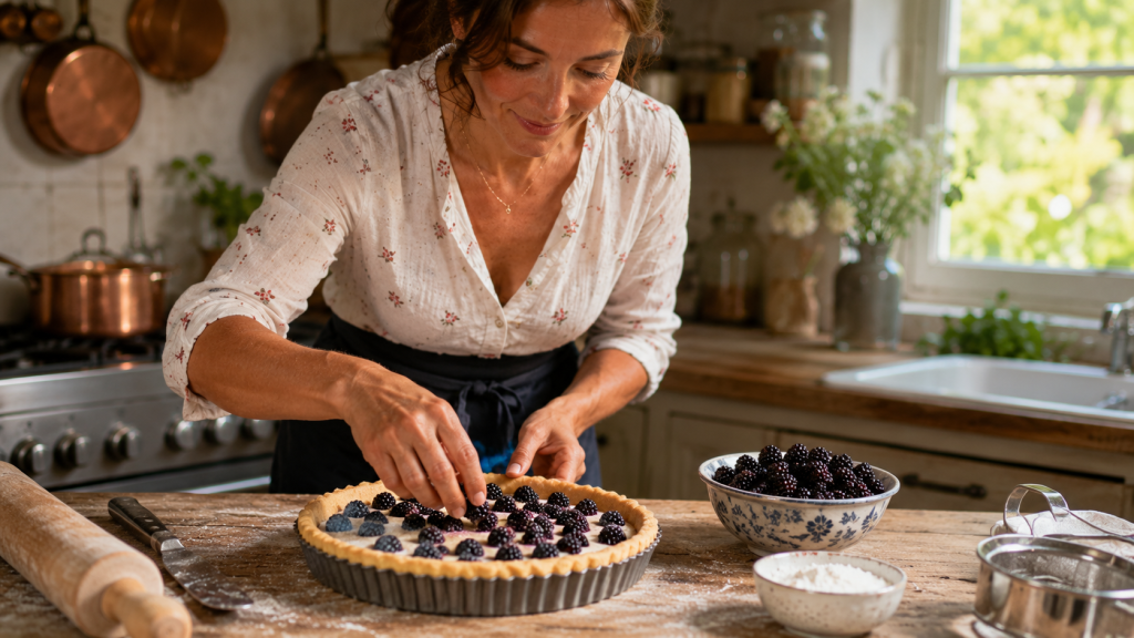 Femme préparant une tarte aux mûres dans une cuisine rustique