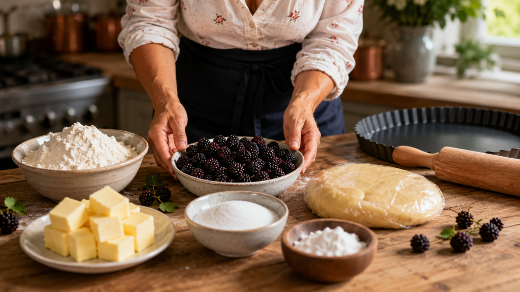 Ingrédients pour tarte aux mûres sur table en bois