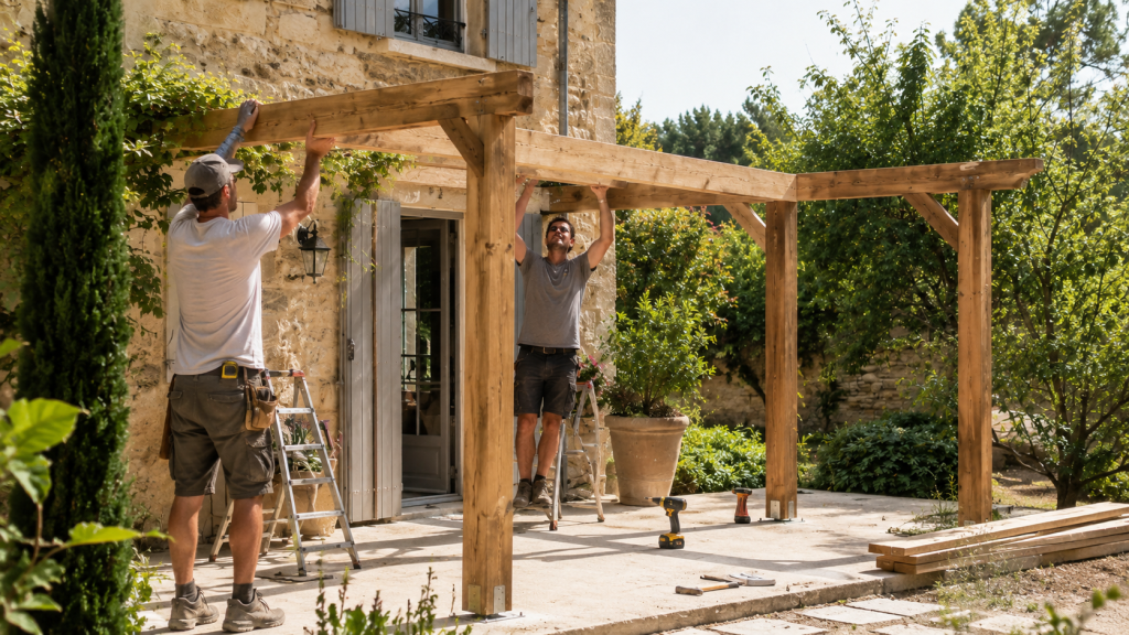 Installation d'une pergola en bois devant une maison en pierre