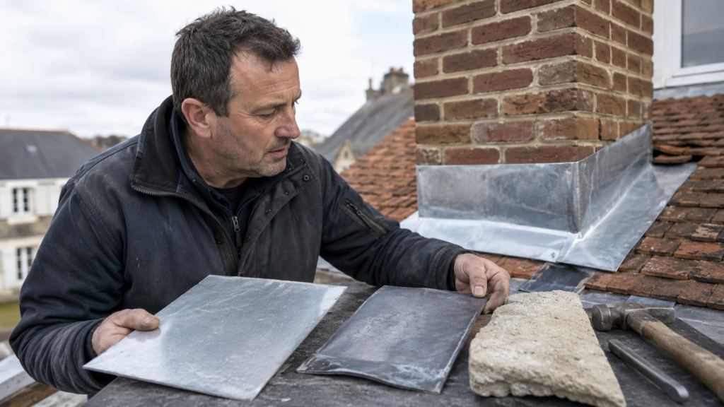 Homme inspectant des mat&eacute;riaux de solin de toiture pr&egrave;s d'une chemin&eacute;e