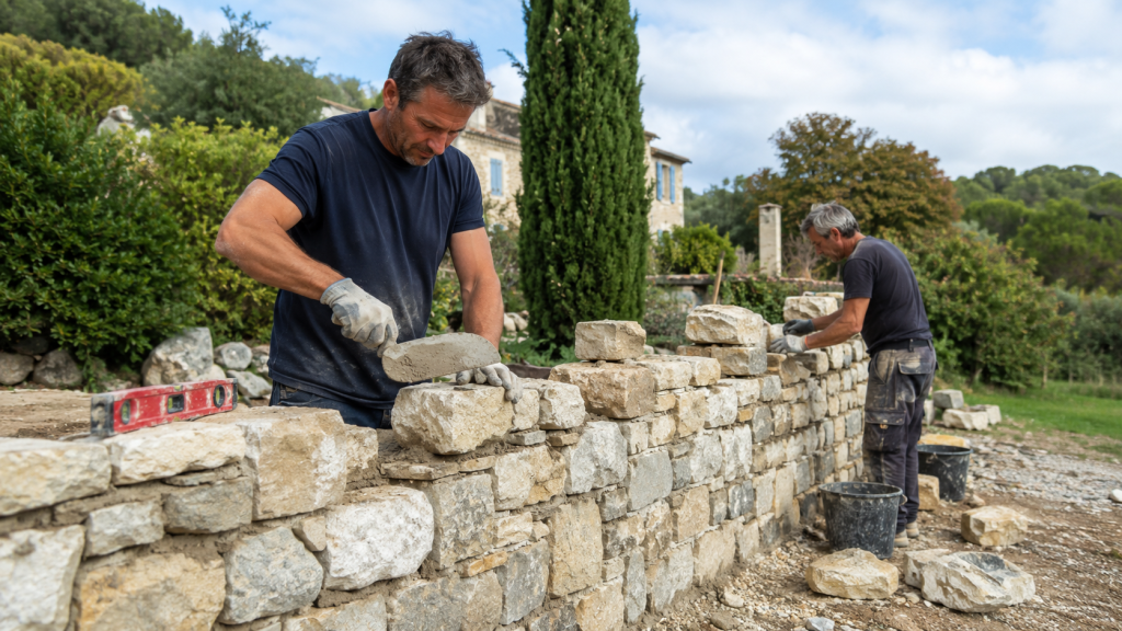Construction artisanale d'un mur en pierre solide