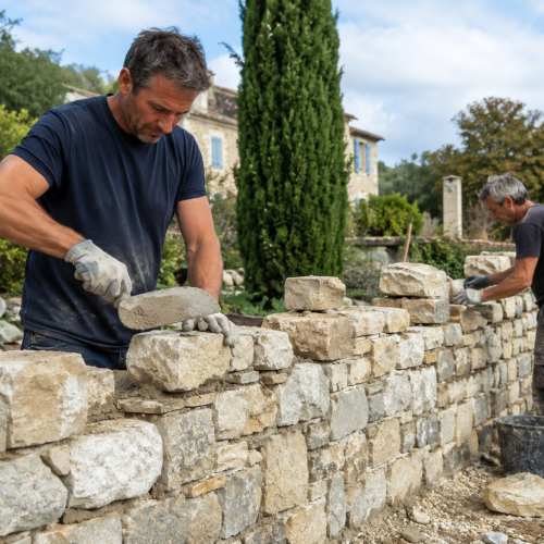 Construction artisanale d'un mur en pierre solide