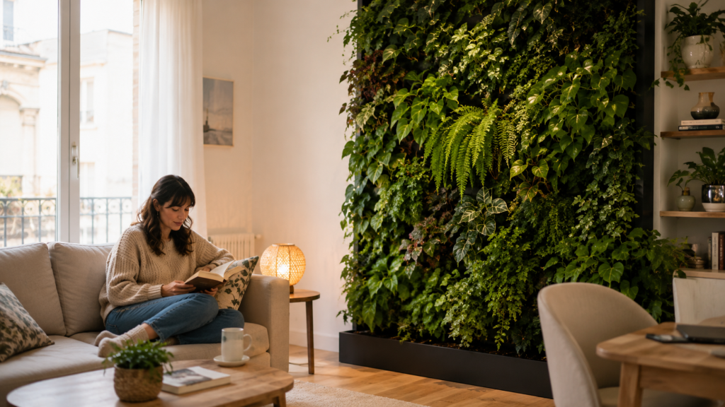 Salon avec mur végétal et femme lisant dans un environnement paisible