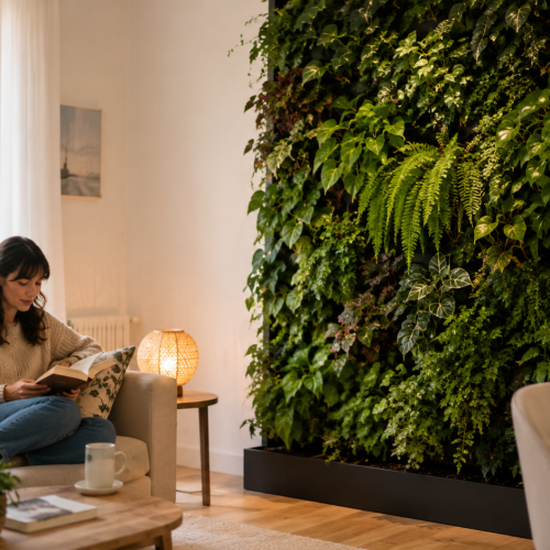 Salon avec mur végétal et femme lisant dans un environnement paisible
