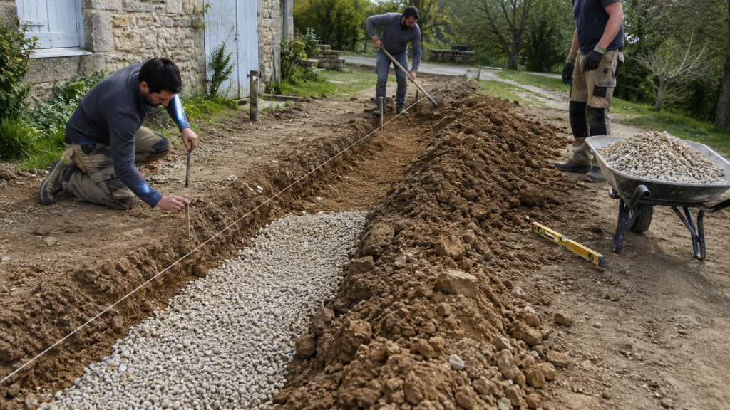 Pr&eacute;paration du sol pour un mur en pierre avec gravier et piquets de guidage