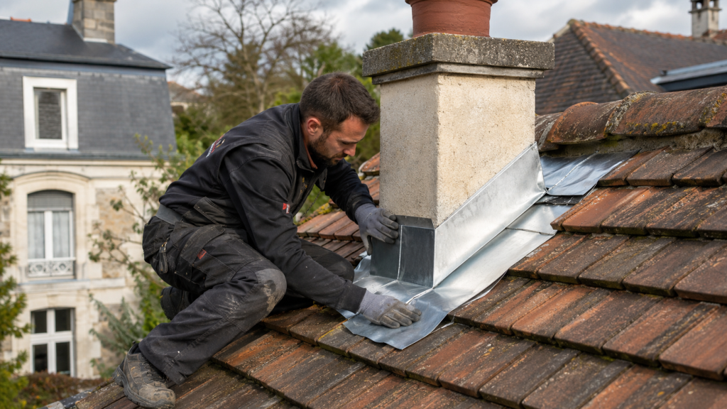 Artisan installant un solin de toiture sur cheminée