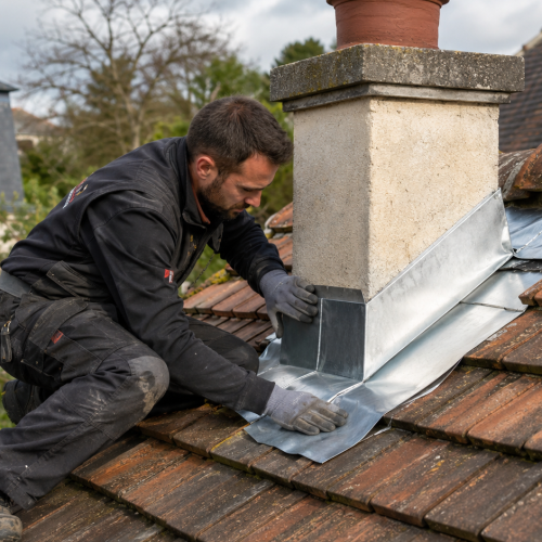Artisan installant un solin de toiture sur cheminée