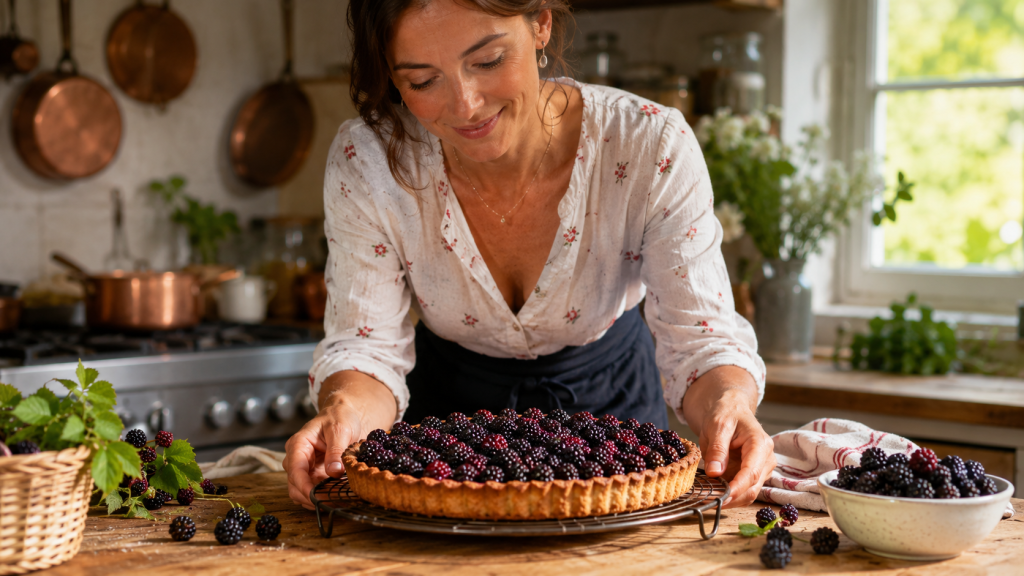 Femme préparant une tarte aux mûres dans une cuisine ensoleillée