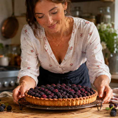 Femme préparant une tarte aux mûres dans une cuisine ensoleillée