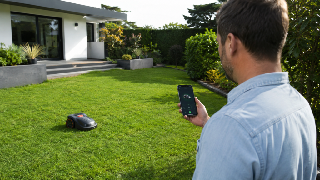Utilisation d'un robot tondeuse sans fil contrôlé via smartphone