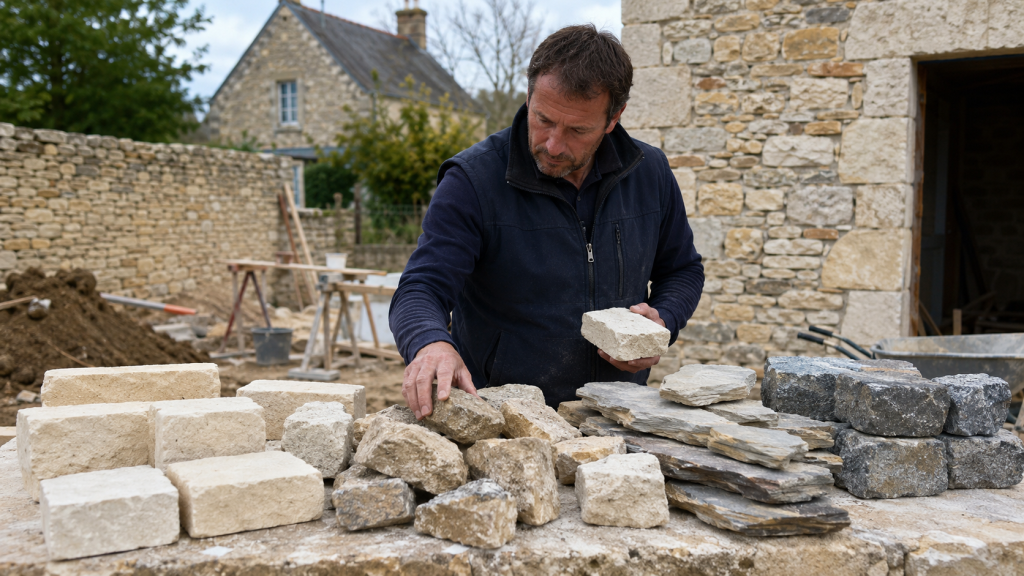 Homme s&eacute;lectionnant des pierres pour construction murale durable