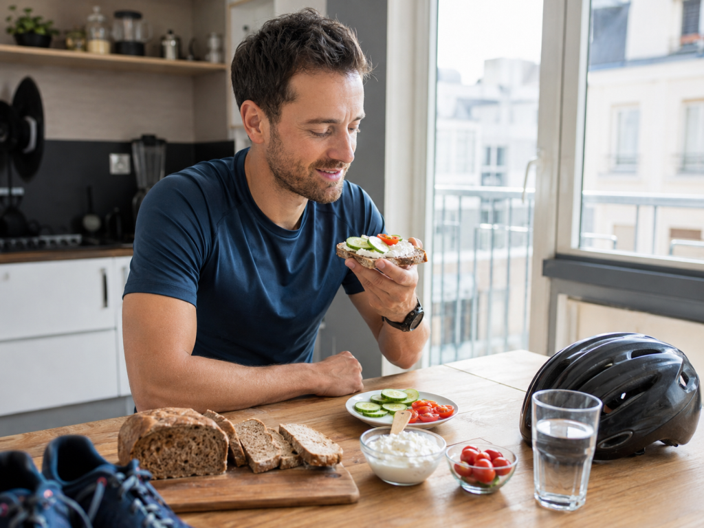 Homme dégustant du pain de seigle avec des légumes frais en cuisine lumineuse.