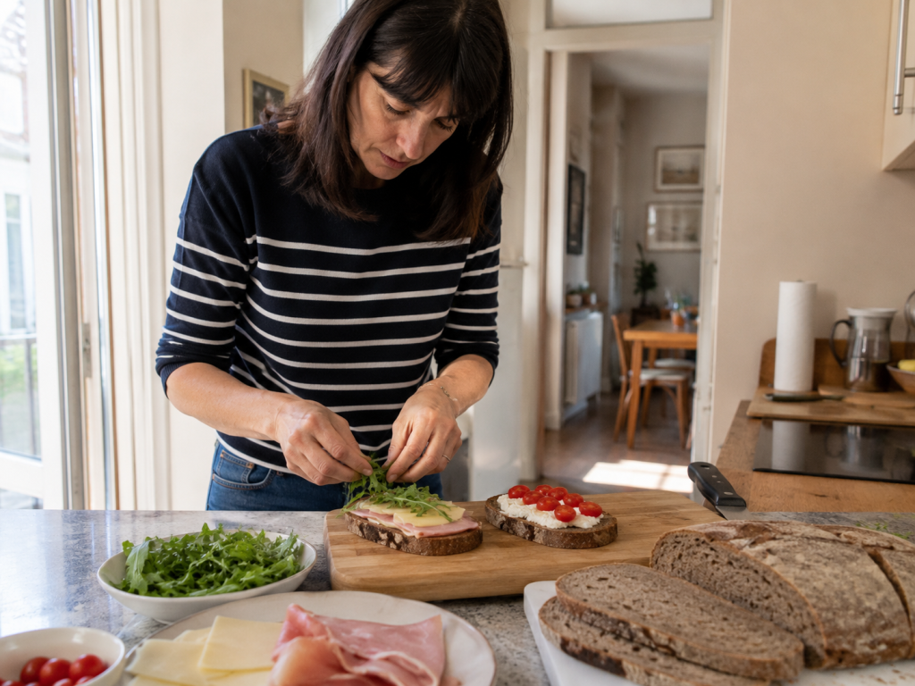 Femme préparant un sandwich au pain de seigle dans une cuisine moderne