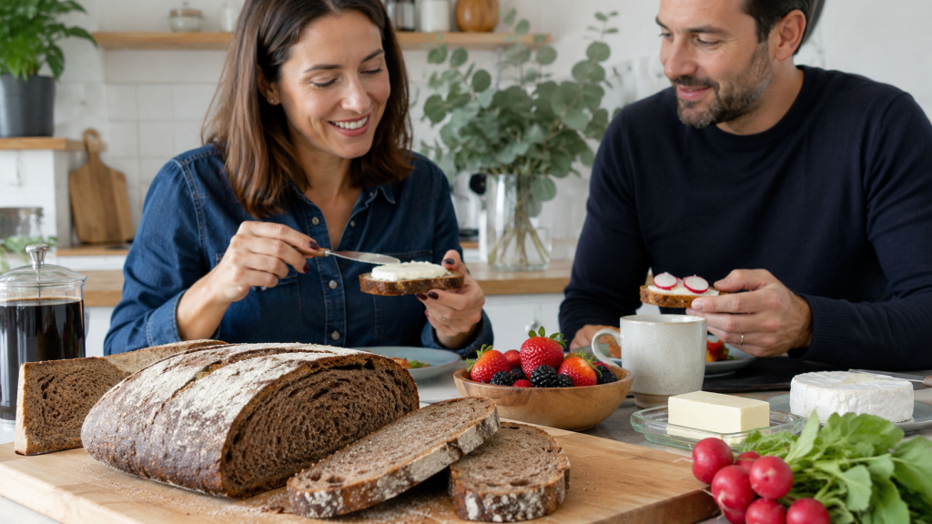 Dégustation de pain de seigle avec fruits et fromage