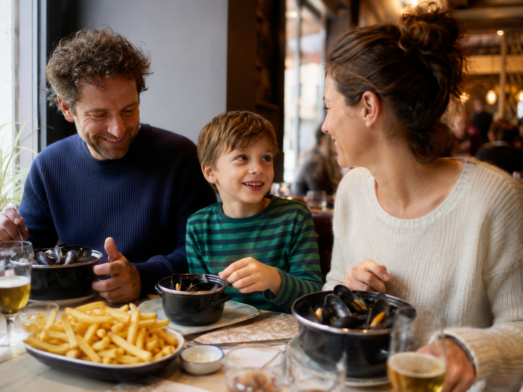 Famille partageant un repas avec des moules et frites