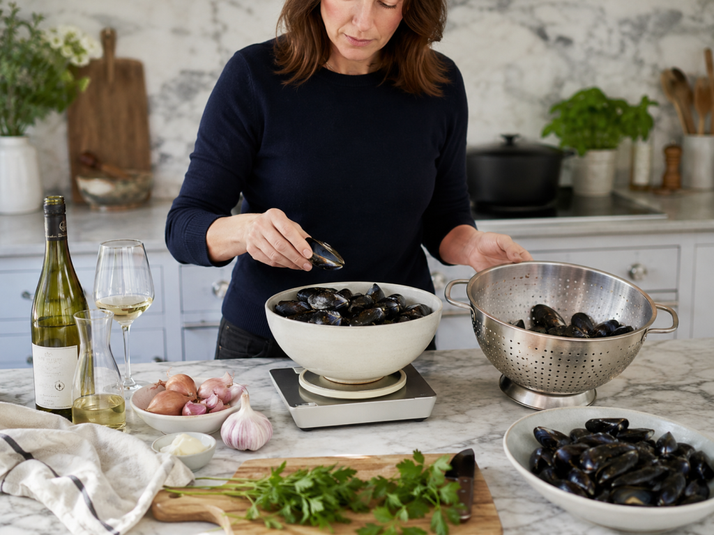 Pr&eacute;paration de moules fra&icirc;ches en cuisine