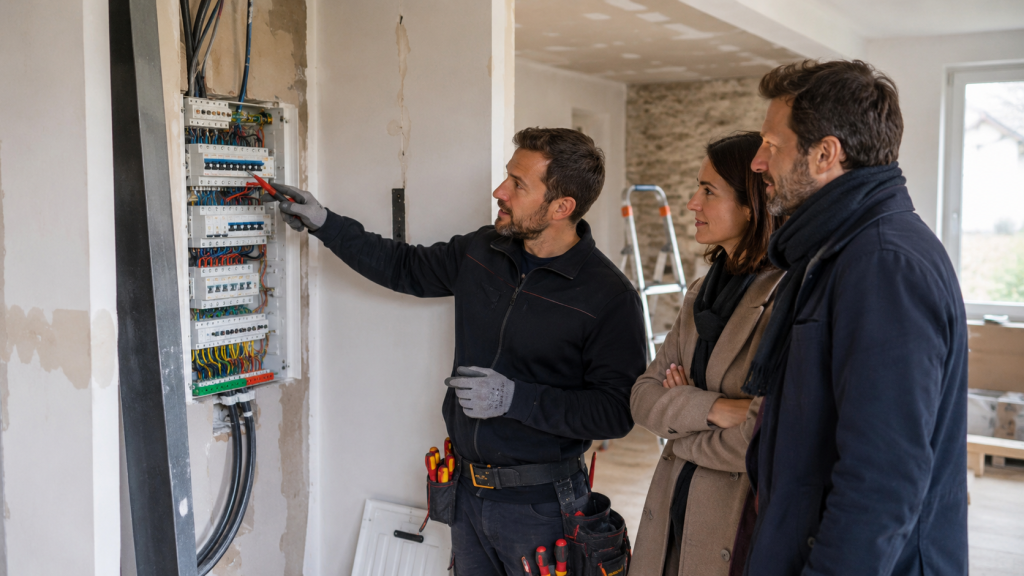 Un expert explique le tableau électrique à des clients lors de travaux de rénovation.