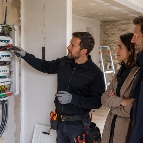 Un expert explique le tableau électrique à des clients lors de travaux de rénovation.