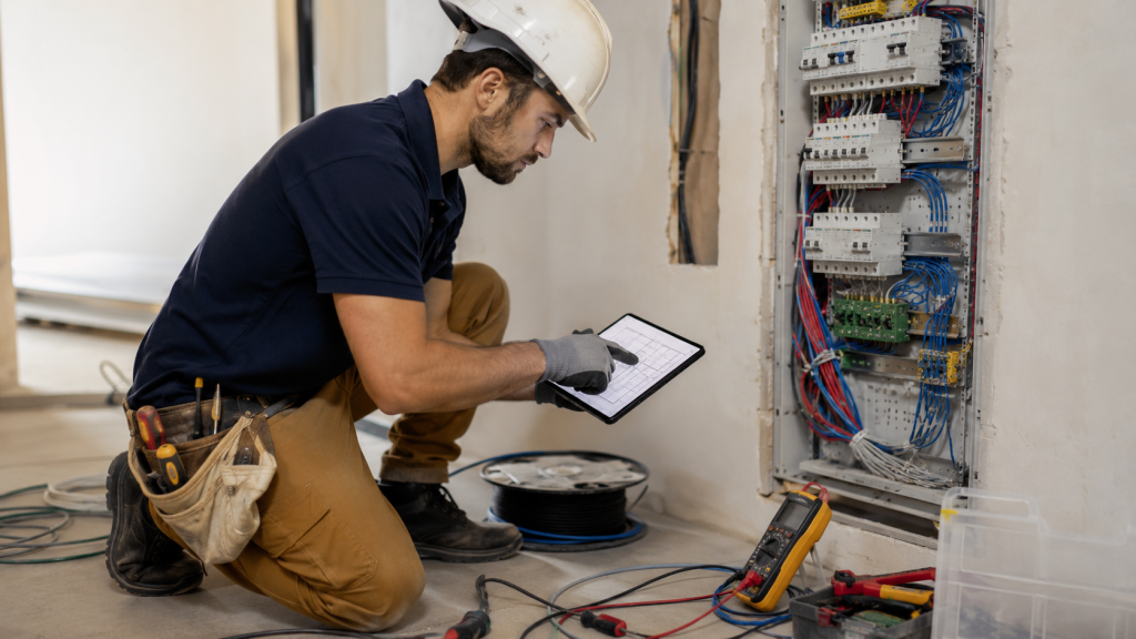 &Eacute;lectricien v&eacute;rifiant un tableau &eacute;lectrique avec une tablette.