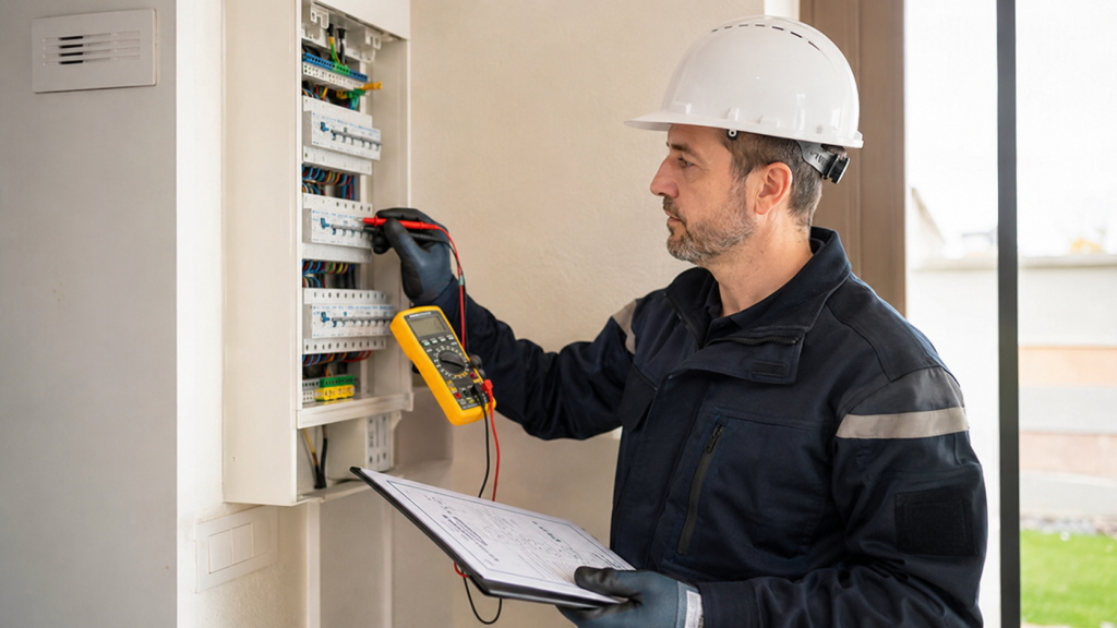 &Eacute;lectricien v&eacute;rifiant un tableau &eacute;lectrique avec un multim&egrave;tre